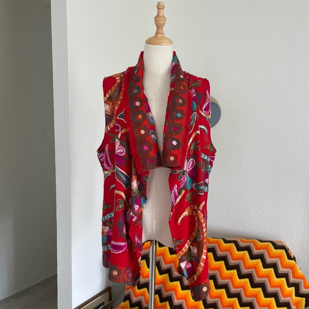 Anu Boho Art Wool Embroidered Floral Fringe Vest